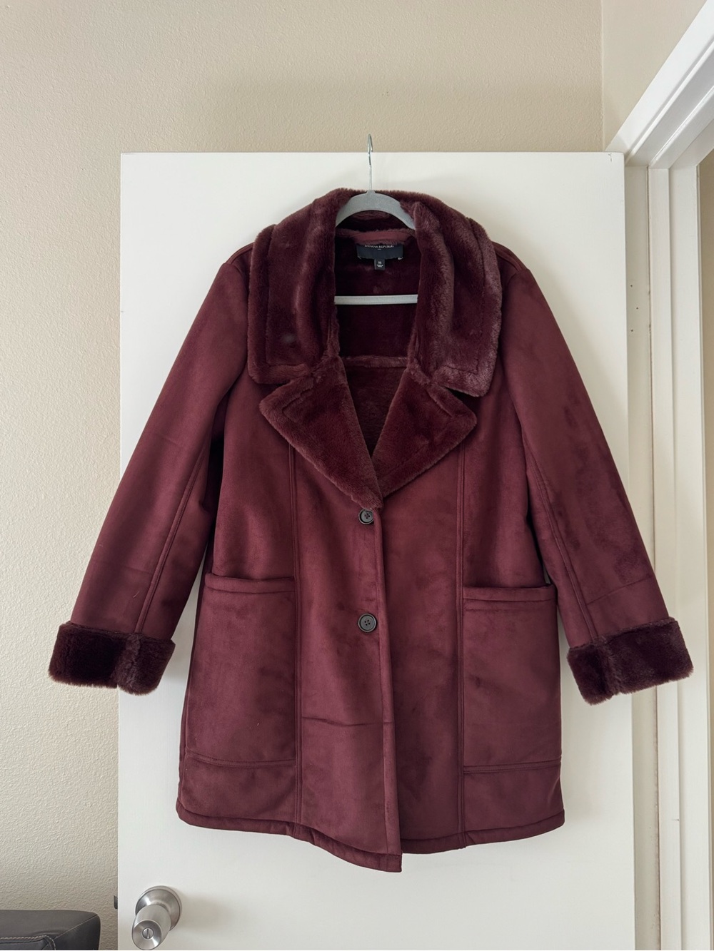 Banana Republic Burgundy Teddy Coat with Faux-Fur Trim